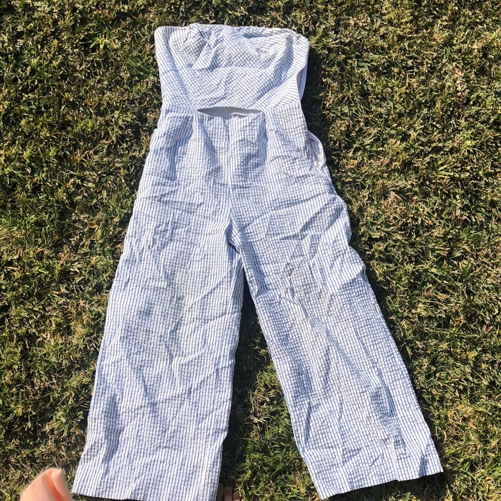 Strapless blue striped culotte jumpsuit